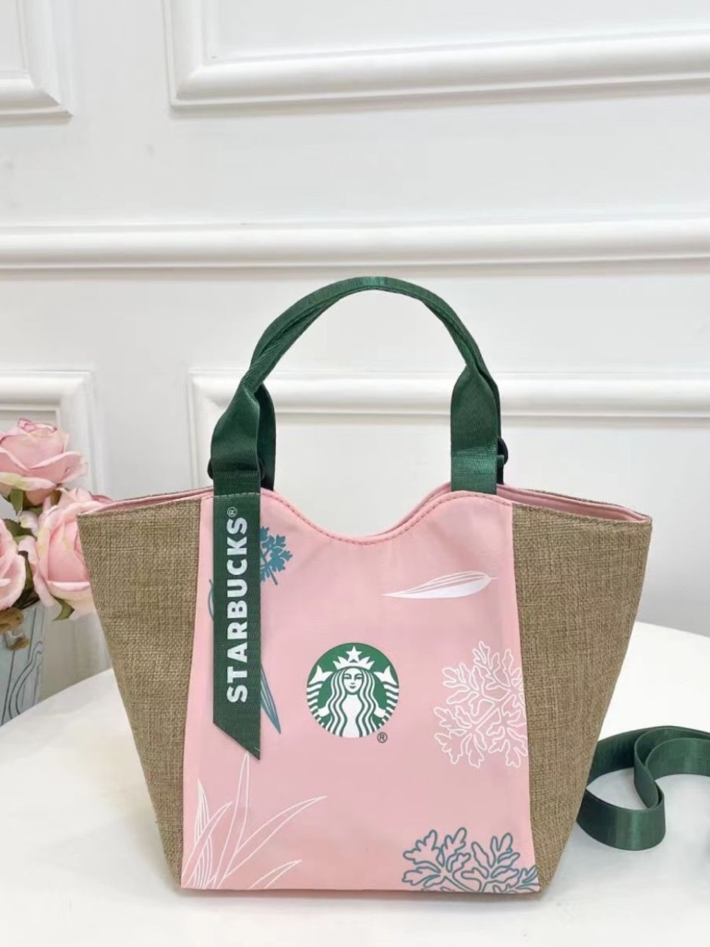 Pink Tote with Green Handles and Green Strap